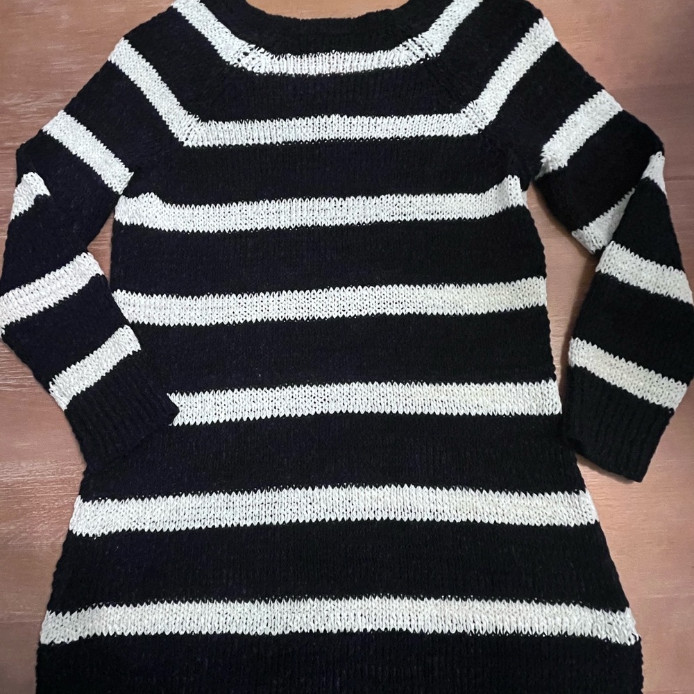 Talbots Navy White Stripe Tunic Sweater V-neck SP Preppy Coastal Grandma office - Picture 2 of 8